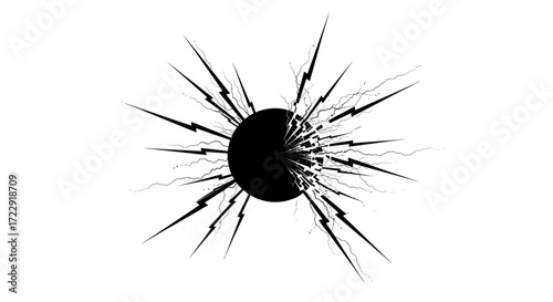 Monochromatic orb explosion with jagged lines radiating in a radial burst pattern abstract