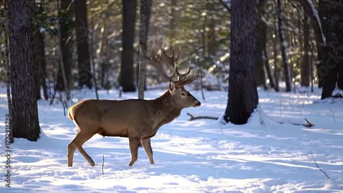 Wallpaper Mural Majestic Red Deer Stag with Antlers Walking Through a Snowy Forest in Sunlight Torontodigital.ca