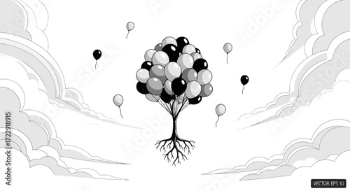 Monochrome illustration of a balloon-tree against a backdrop of stylized clouds  whimsical and