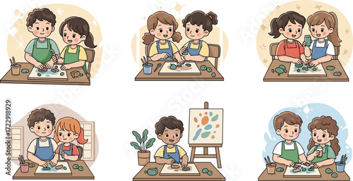 Happy children making clay art in classroom, kids doing creative pottery activity, teamwork, learning craft skills, fun art education illustration