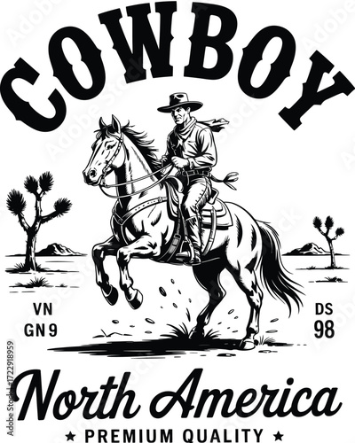 Cowboy on Horse Vintage Illustration,  Hand Drawn North American Western Scene with Retro Style Cowboy, Horse, and Desert – Perfect for Apparel, Posters, Graphic Design, and Western Projects