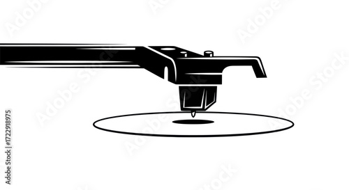 Monochrome vinyl record player arm with stylus resting, celebrating retro music culture and analog