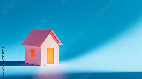 Pink paper house stands against a vibrant blue background with warm light shining through its window