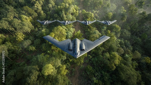 Military drones flying over dense tropical forest in a coordinated formation at sunrise