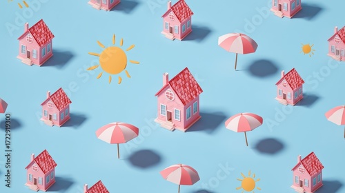 Colorful miniature houses and umbrellas create a vibrant summer scene on a blue background