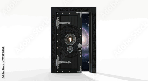 Ornate cosmic gateway portal with universe backdrop offering exploration of possibilities