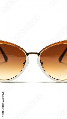 Close-up of stylish cat-eye sunglasses with white frames and gradient brown lenses, against a clean white background. Minimalist product shot