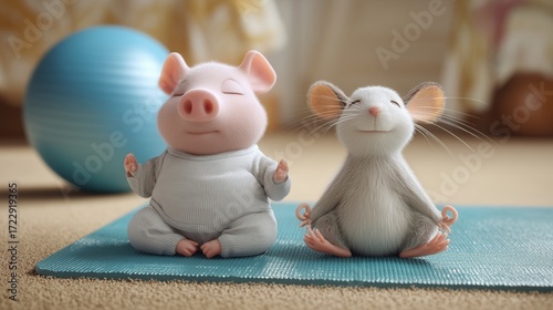 Cute pig and mouse practicing yoga together in a cozy indoor space during daytime