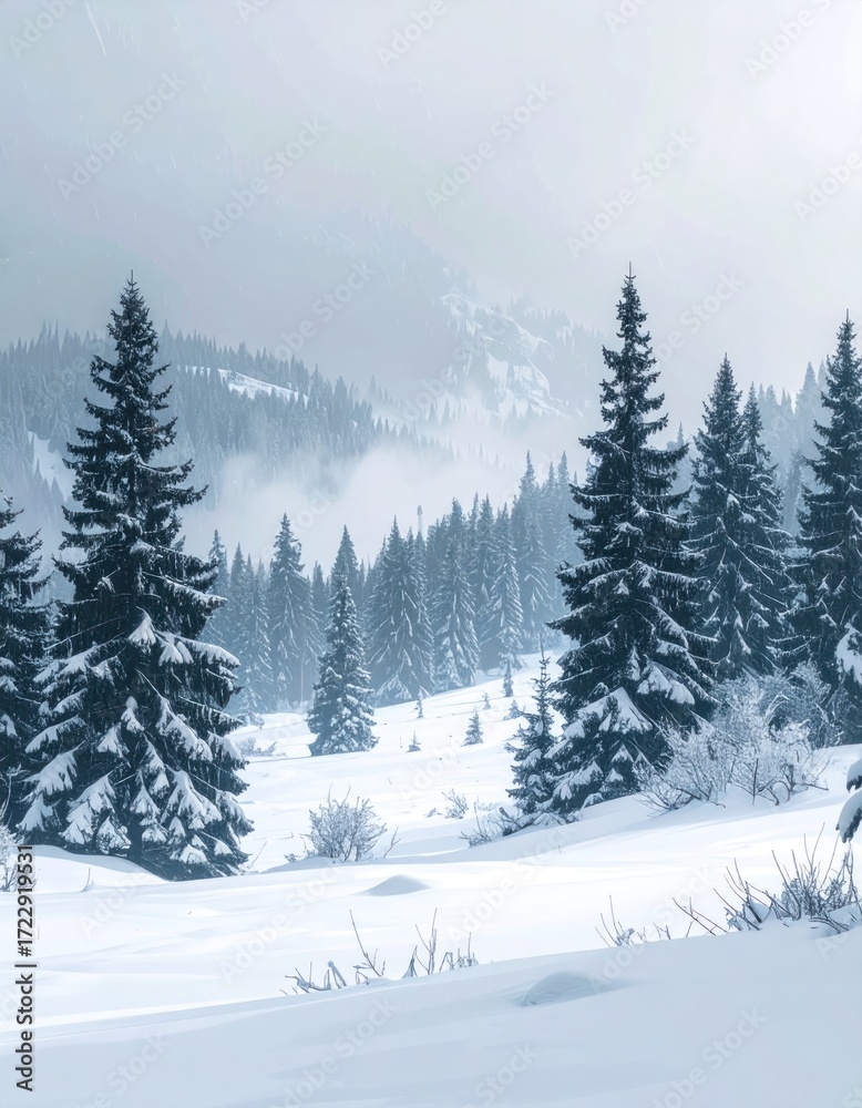 Fototapeta premium Snowy mountain landscape featuring frosted evergreen trees and gentle hills shrouded in a soft, hazy, overcast winter sky