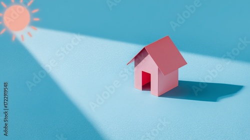 Small pink paper house casting a shadow under bright sun on a blue background