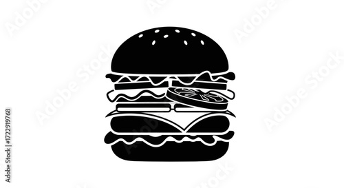 Simple black and white illustration of a fully loaded burger with all the fixings