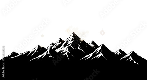 Stark silhouette of majestic mountain range against a white backdrop offers serene view