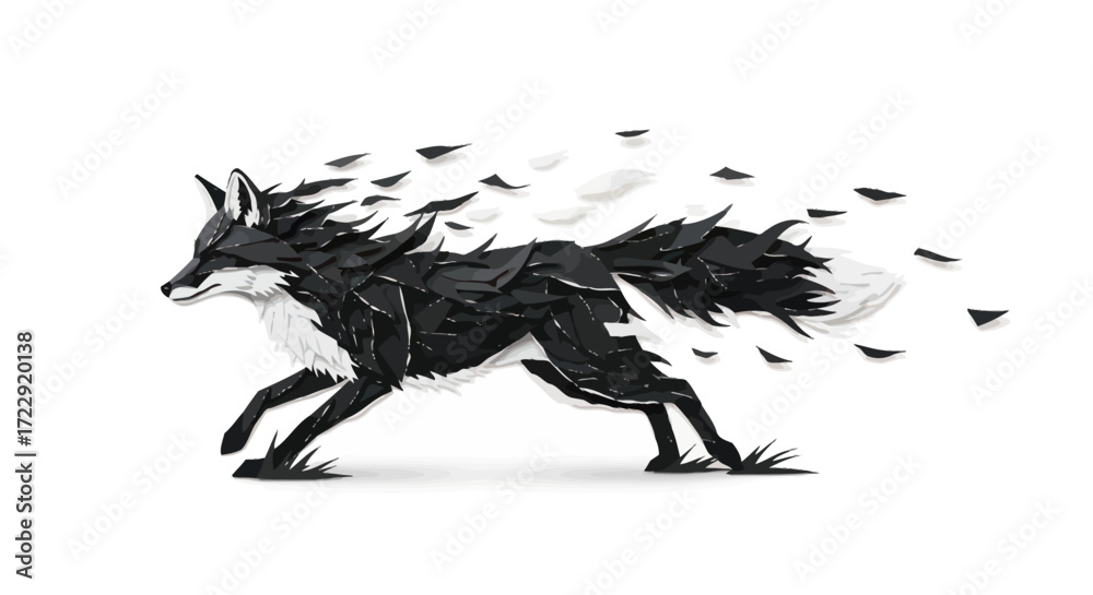 Obraz premium Stylized monochrome depiction of a fox in motion with fragmented design elements