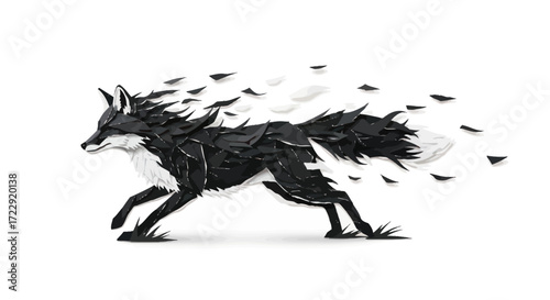 Stylized monochrome depiction of a fox in motion with fragmented design elements