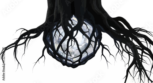 Surreal depiction of a glowing orb nestled within gnarled, shadowy tree roots evokes mystery