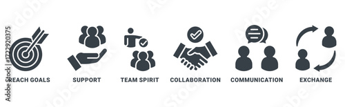 Working together icon set vector concept with icon of collaboration, reach goals, team spirit, support, communication, exchange 