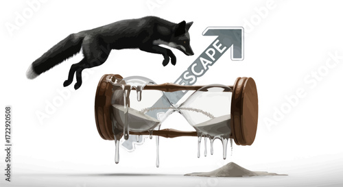 The fox escapes from the hourglass, illustrating the urgency to seize the moment of freedom