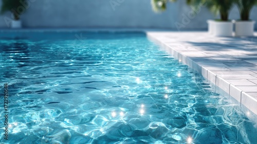 Azure Swimming Pool with Gleaming Water Surface and Palm Trees in Pots with Calm and Tranquil Atmosphere in Soft Light