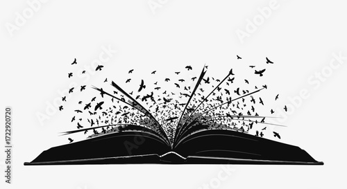 Unleashing imagination: an open book releasing a flock of birds into the world representing