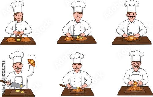 PrintCartoon chefs preparing croissants with butter, bakery cooking process illustration, professional bakers making pastry, kitchen food preparation concept