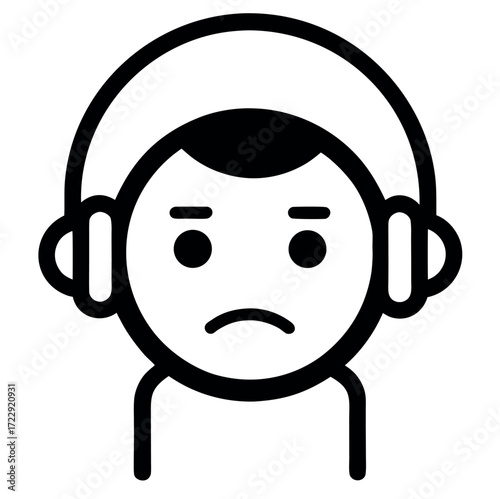 Sad face with headphones listening to music