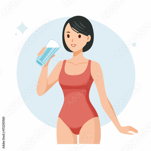 ボディースーツで水を飲む女性ベクターイラスト素材