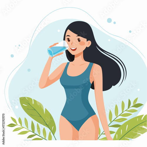 ボディースーツで水を飲む女性ベクターイラスト素材