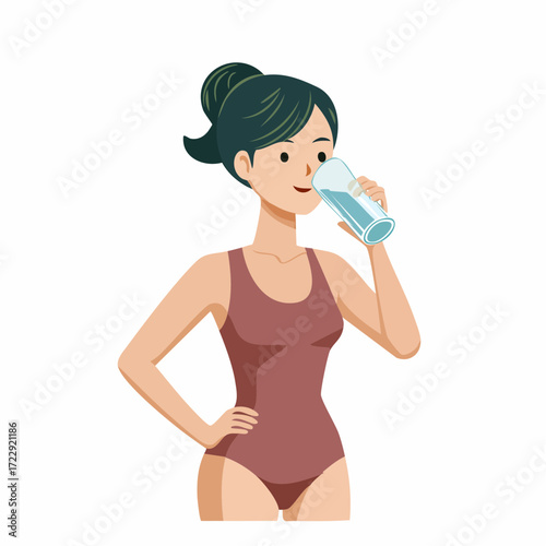 ボディースーツで水を飲む女性ベクターイラスト素材