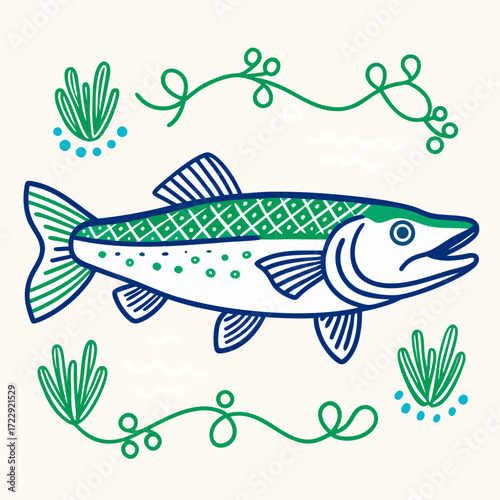 Illustrated fish swimming among aquatic plants in a decorative style  