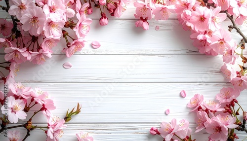 White wooden background frame with pink cherry blossoms clustered around edges, some petals scattered across the wooden surface