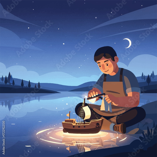 Boy meticulously crafts glowing miniature ship by lake at night.