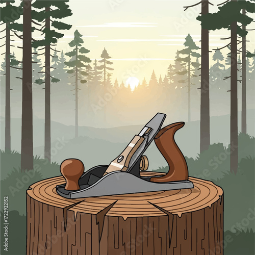 Hand plane resting on a tree stump in a misty forest at sunrise.