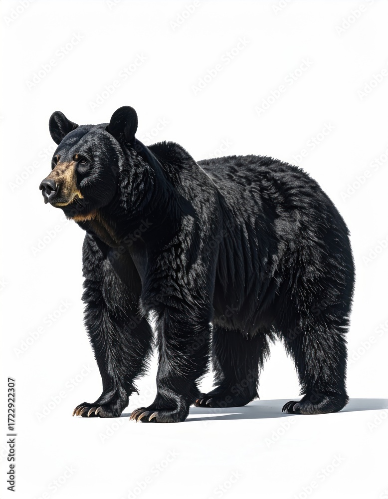 Fototapeta premium A solid, strong bear standing straight, with soft highlights around its head, against a plain white background, lit from above and the side