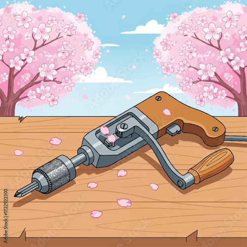 Vintage hand crank drill rests on wooden surface, surrounded by cherry blossoms.
