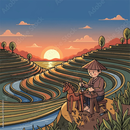 Artisan carves wooden horse at sunset overlooking terraced rice paddies.
