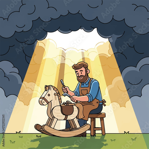 Bearded craftsman meticulously crafts wooden rocking horse, bathed in divine light amidst stormy clouds.