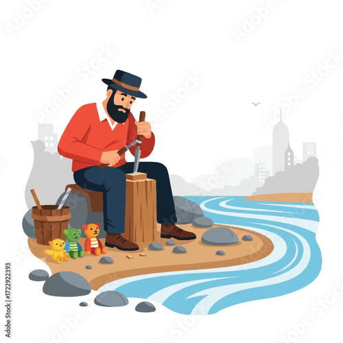 Bearded craftsman carves wood by river, creating toys, cityscape background.