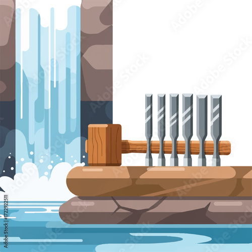 Illustration depicting a wooden mallet and chisels near a waterfall.