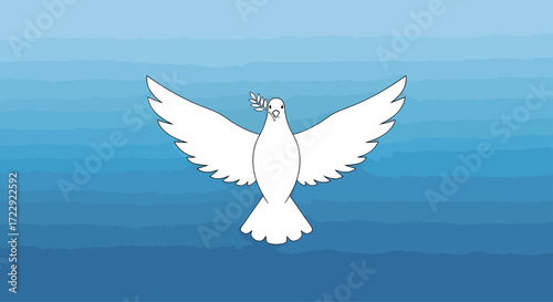 A serene illustration of a white dove, a symbol of peace, flying with an olive branch against a blue gradient sky.