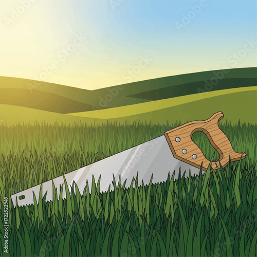 Hand saw rests in grassy field at sunset, idyllic rural scene.