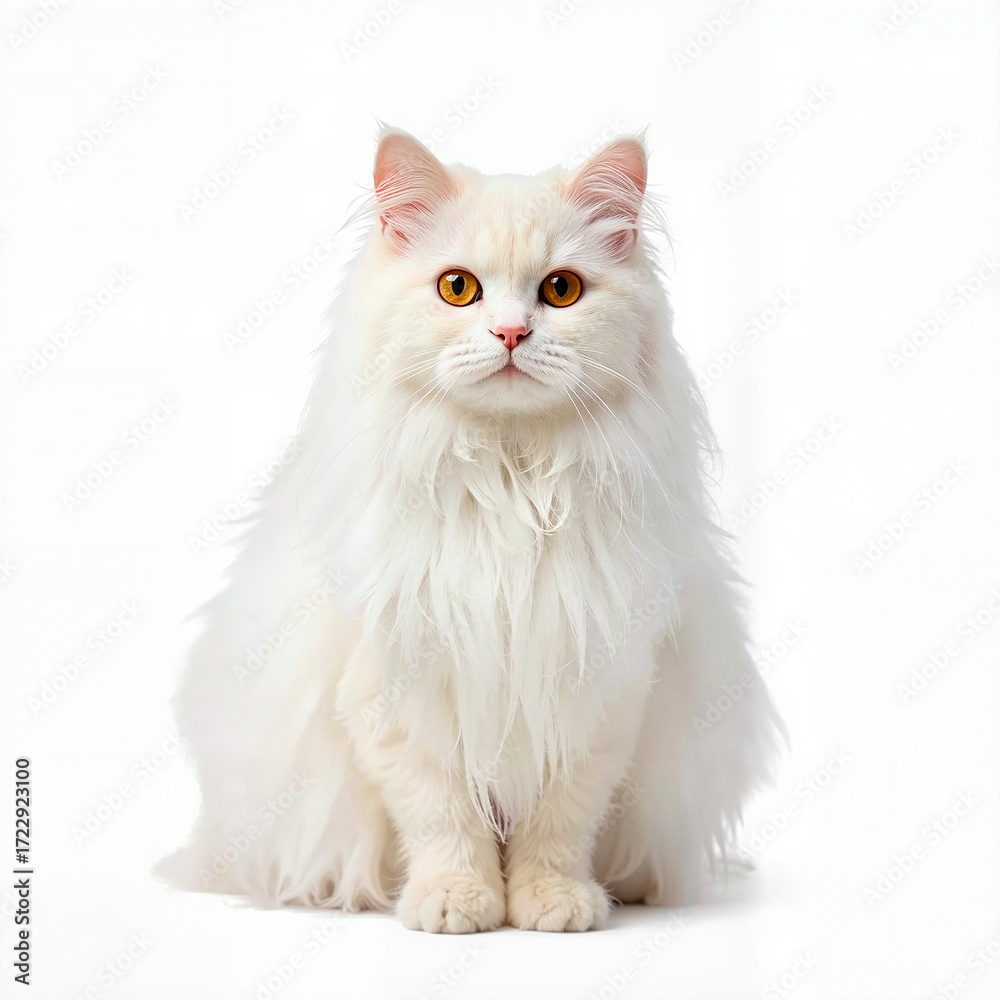 Fototapeta premium Fluffy white cat sitting and staring in a neutral background 