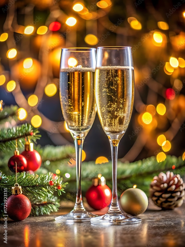 Fototapeta premium Two champagne glasses are on a table with Christmas decorations