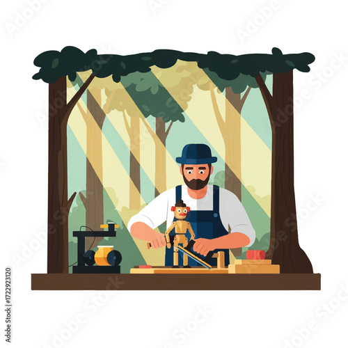 A woodworker meticulously crafts a wooden puppet in his workshop, surrounded by nature.