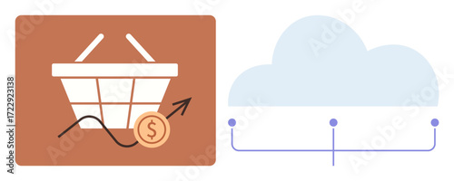 Shopping basket with upward graph and coin symbolizing business growth, cloud with connection lines for tech integration. Ideal for e-commerce, analytics, fintech, innovation, digital transformation