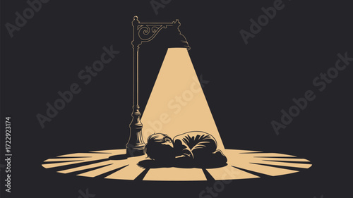 Vulnerable child sleeping under street lamp light evokes compassion and concern in a dark urban setting, creating a powerful emotional impact