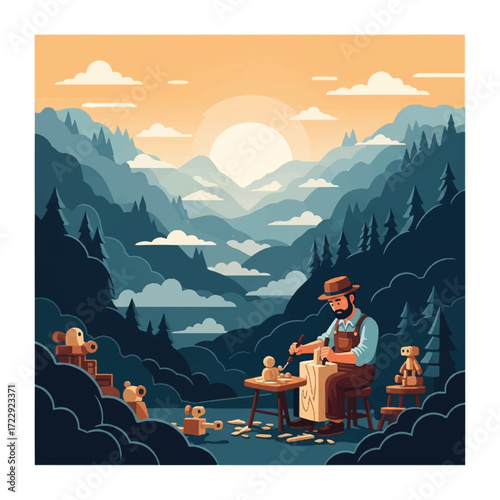 A woodworker meticulously carves a wooden toy in a serene mountain landscape, bathed in sunlight.