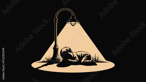 Heartbreaking illustration of a child asleep under a street light evokes feelings of vulnerability and loneliness, perfect for social commentary or art