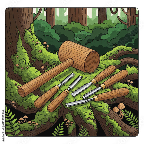 A collection of woodworking tools, a mallet and chisels, placed on a mossy tree root in a forest setting.