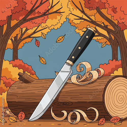 A sharp knife embedded in a log with wood shavings, set in an autumn forest scene.