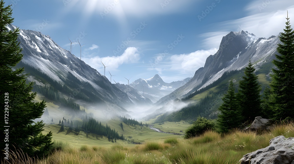 Obraz premium Serene Mountain Valley with Wind Turbines and Misty Landscape